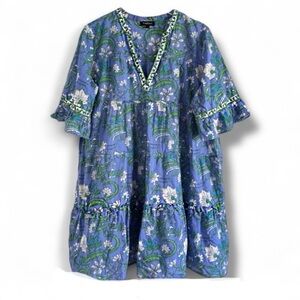 CAROLL PARIS COTTON BLUE GREEN WHITE NANTUCKET V-NECK SHIFT SWING DRESS SZ L